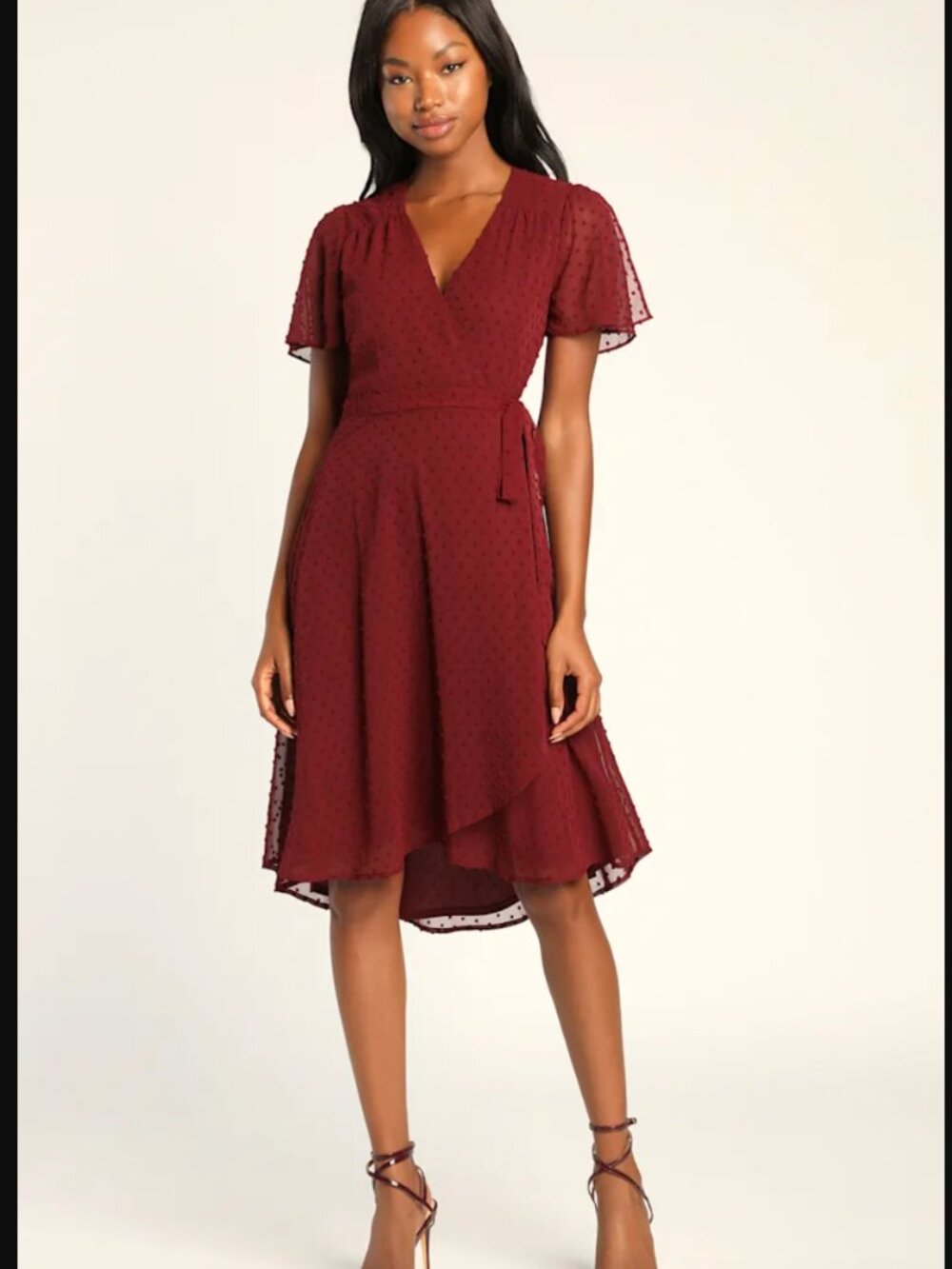 NWT Lulus Burgundy Swiss Dot Wrap Dress Flutter Sleeves Wedding Guest Size Small